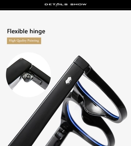 Detail showing the flexible hinge and high-quality painting of the black eyeglass frame