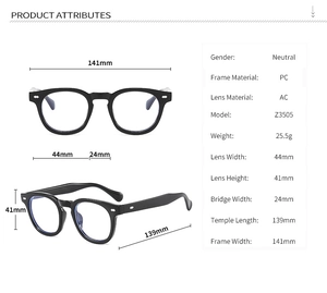 Detailed dimensions of round black PC frame blue light blocking glasses model Z3505