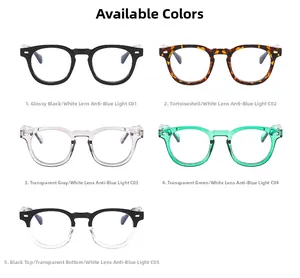 Detailed display of vintage round blue light blocking glasses in five assorted frame colors
