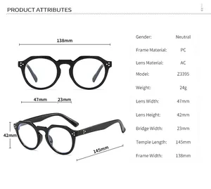 Tableau des tailles détaillé et spécifications des lunettes anti-lumière bleue rondes Z3395