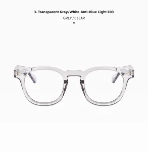Detail view of transparent grey square frames with anti-blue light clear lenses