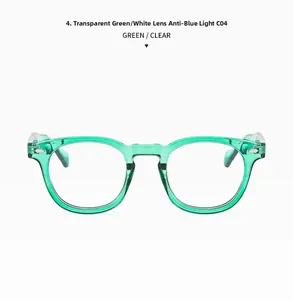 Detail of transparent green anti-blue light glasses frame with silver metal rivets
