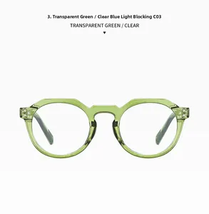 Vue détaillée de la monture ronde vert transparent avec verres anti-lumière bleue clairs