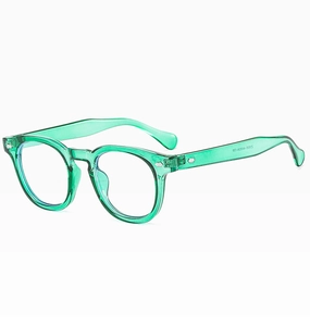 Detail of retro green transparent glasses frame showing metal hinge and printed specs