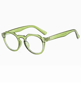 Détail d'une monture de lunettes ronde vert transparent avec rivets métalliques