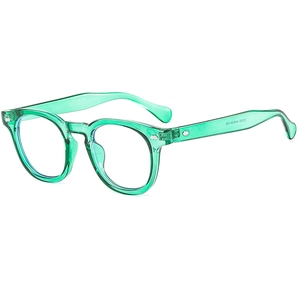 Retro round transparent green anti-blue light glasses with full resin frame and metal hinges