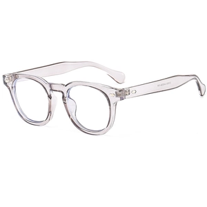 Transparent grey round anti-blue light glasses frame with silver metal accents for unisex