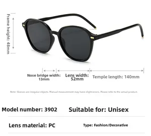 Detailed dimension guide for black sunglasses with gold rivets and lens specifications