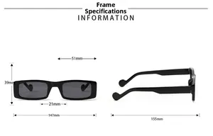 Detailed technical drawing of black rectangular sunglasses with precise frame measurements