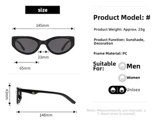 Detailed size chart for cat eye sunglasses showing PC frame dimensions and 23g weight
