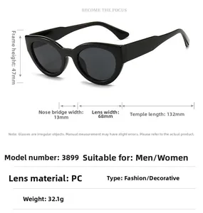 Detailed dimension guide for black cat-eye sunglasses with frame and lens measurements