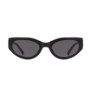 Retro black cat-eye sunglasses with wide frame and dark grey UV protection lenses