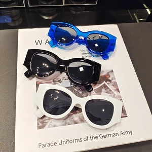 Retro thick frame sunglasses set in blue, black, and white colors with UV protection