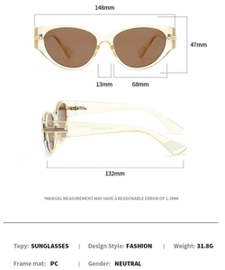 Detailed size specifications for fashionable cat-eye sunglasses with transparent PC frames