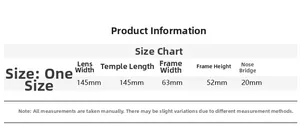 Detailed size chart for retro sunglasses showing frame width and arm length measurements