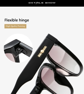 Gros plan des charnières flexibles et détails dorés sur lunettes de soleil noires