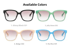 Grille détaillée de lunettes de soleil oversize en noir, vert gelée, beige et bleu ciel