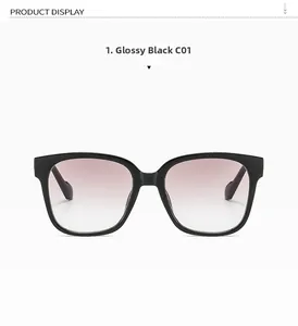Détail de lunettes de soleil carrées noir brillant avec verres dégradés roses et code C01