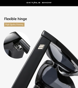 Détail de lunettes de soleil œil-de-chat noires avec charnières flexibles et accents en métal