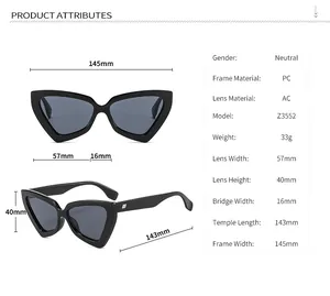 Guide des tailles et spécifications détaillées pour lunettes de soleil œil de chat 3552