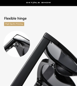 Detail shot of the flexible hinge and high-quality glossy painting on black sunglasses