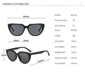 Detailed size chart for PC cat eye sunglasses showing frame dimensions and material specs