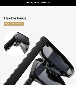 Detail showing the flexible metal hinge and high quality painting of black square sunglasses
