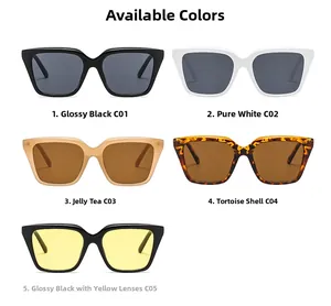Detailed view of square frame sunglasses in five color options like tortoiseshell and amber