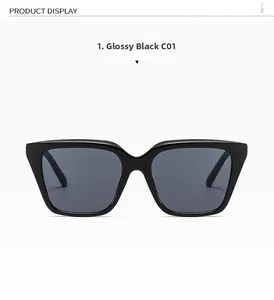 Front view of square black fashion sunglasses with dark gray lenses model C01