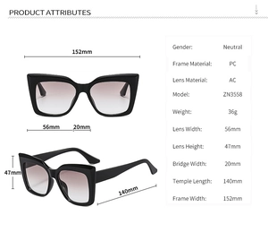 Detaillierte technische Daten und Maße der übergroßen Cat-Eye-Sonnenbrille ZN3558