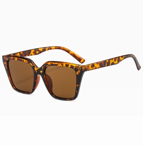 Close-up of leopard print square frame sunglasses with tinted tea-colored lenses