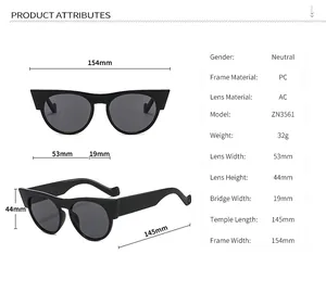 Detailed size chart for cat eye sunglasses showing frame width 154mm and temple length 145mm