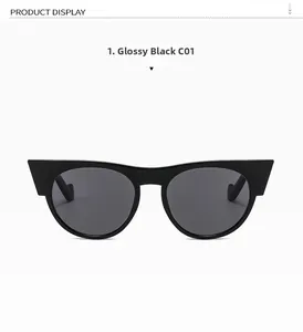 Detail view of cat eye sunglasses in bright black C01 with dark grey polarized lenses