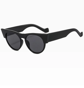 Detailed side view of black cat-eye round sunglasses with wide textured temples