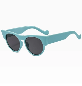 Detail of light blue cat-eye round frame sunglasses with thick matte temples and dark lenses