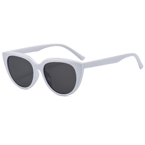 Retro cat-eye sunglasses with white round frames and dark lenses shown in a 45-degree angle