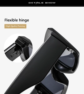 Detail view of high quality painting and flexible hinge on black rectangle sunglasses