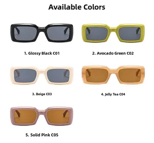 Detail showing rectangular sunglasses in black, green, beige, tea, and pink color options