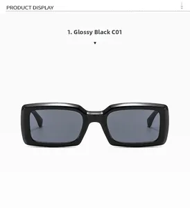 Detail shot of vintage thick-framed rectangular sunglasses in polished bright black finish