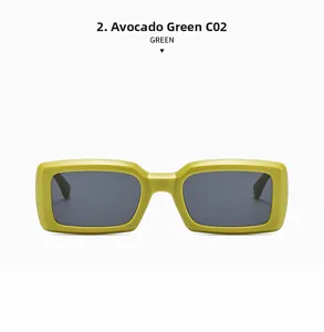 Detailed front view of avocado green rectangle sunglasses with dark grey tinted lenses