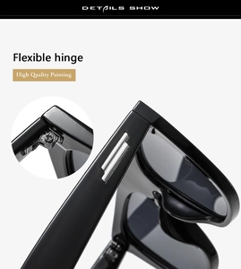 Detail of flexible hinge and high quality finish on oversized square sunglasses