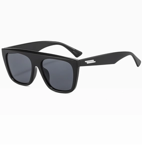Detail of black flat top square sunglasses with iconic silver metal bar decoration