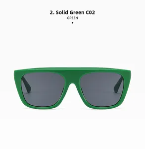 Detail view of solid green square sunglasses with flat top design and silver accents