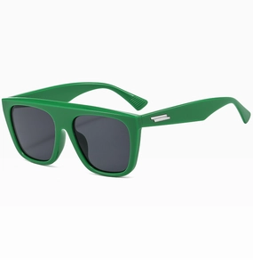 Detail of green flat top oversized sunglasses with silver metal accents on temples