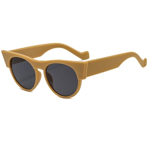 Chic cat-eye sunglasses with thick mustard yellow frames and round dark grey lenses