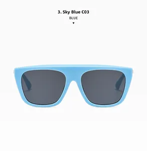Front view of sky blue square oversized sunglasses with dark lenses and anti-slip tips