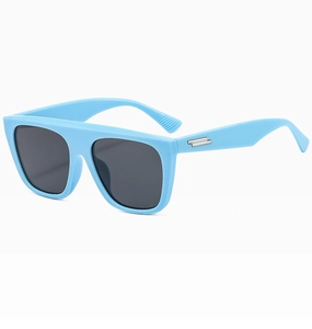 Detail view of sky blue square sunglasses with metallic temple accents and grey lenses