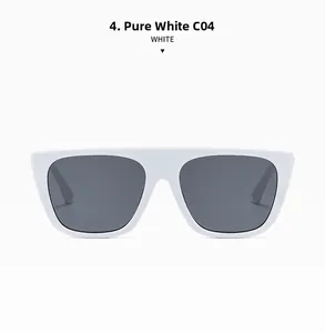 Flat top square white sunglasses with dark grey lenses and wide plastic frame detail