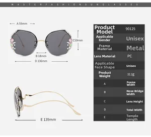 Detail view of rimless oversized sunglasses with crystal rhinestones and gradient lenses