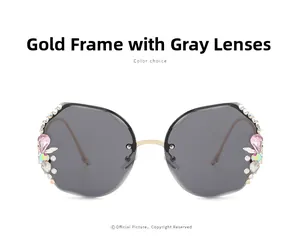 Macro detail of rimless sunglasses with gold frame and luxury crystal diamond trim